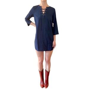 NWT Merona Navy Blue Cotton Lace Up 3/4 Sleeve Beach Swim Cover Up Mini Dress S